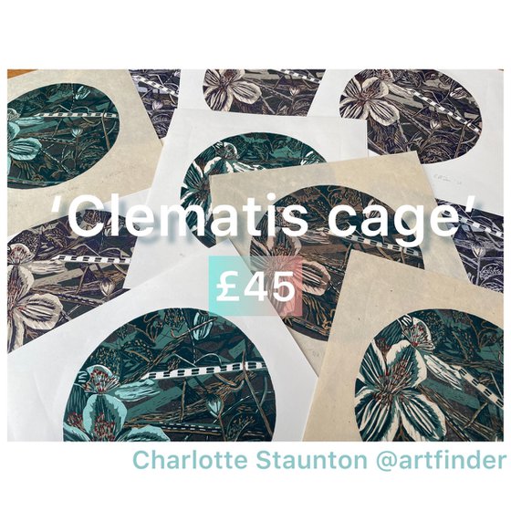 Clematis Cage - Nature Linocut Print - Reduction Print