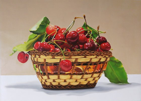 Cherries painting, Original oil on canvas realistic art, 70x50 cm