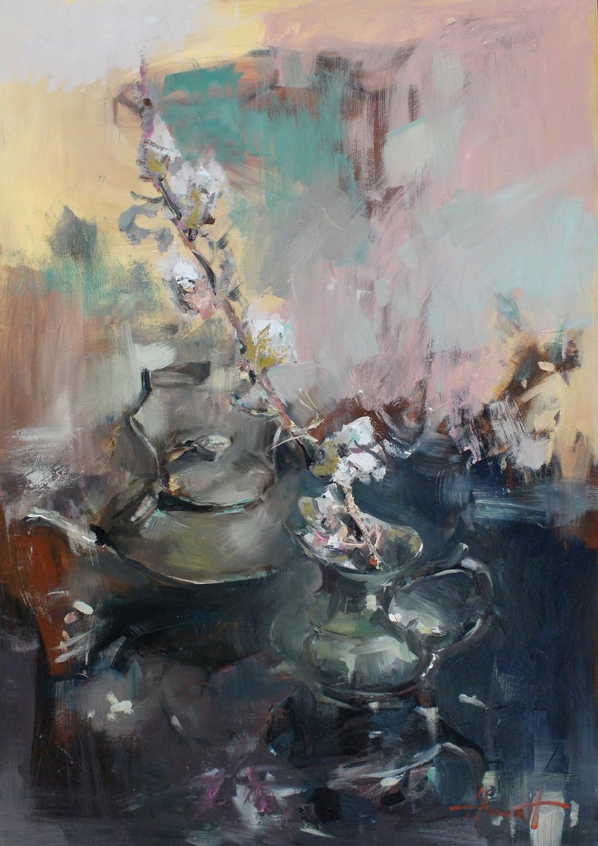 Expressive Abstract Oil Painting By Henadzy Havartsou, 28 X 39, Delicacy Of Cotton, Original Artwork