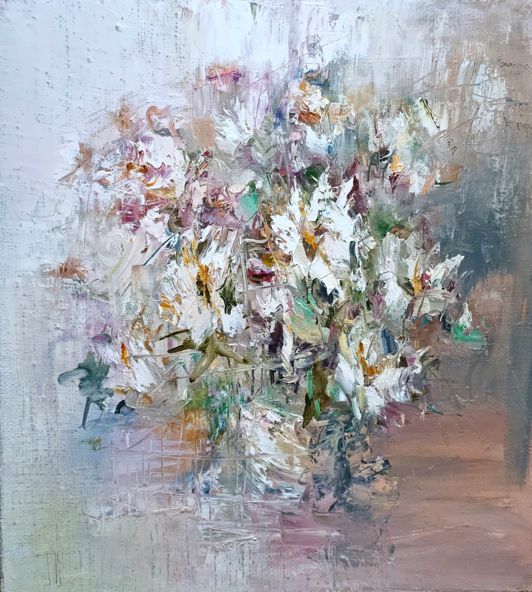 Expressive Botanical Oil Painting By Hennadii Penskyi, 20 X 22, White Chrysanthemums, Original Artwork
