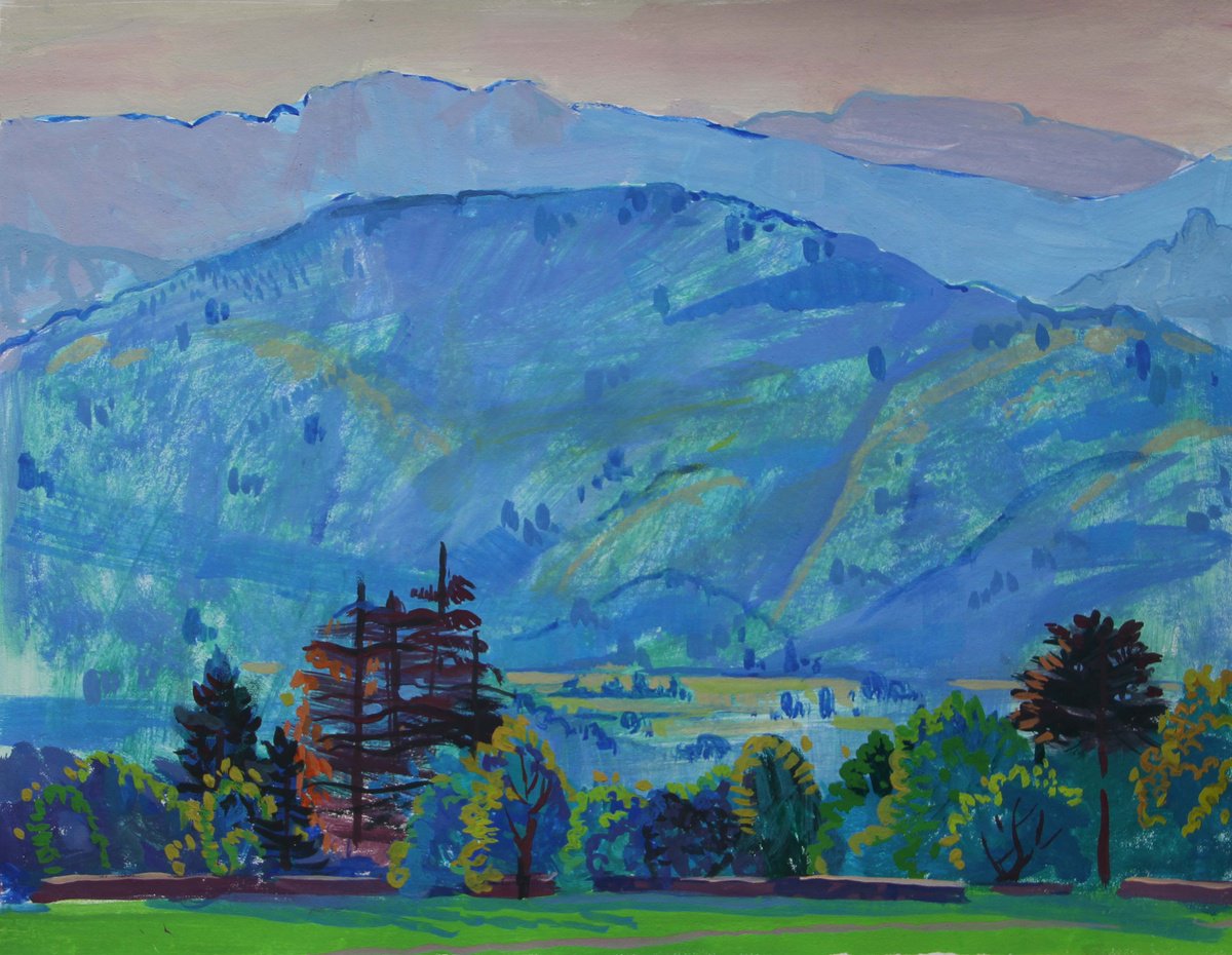 Impressionistic Landscape Watercolour By Olga Kataeva-Rochford, 17 X 12", Blue Alps, Original Artwork