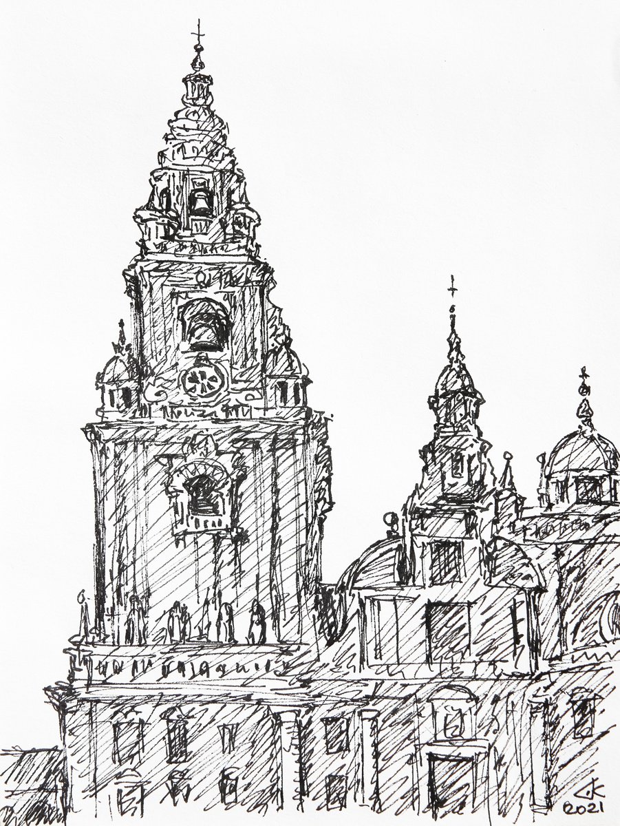 Graphic Cityscapes Ink Drawing By Denys Kuvaiev, 6 X 8, Santiago De Compostela, Original Artwork