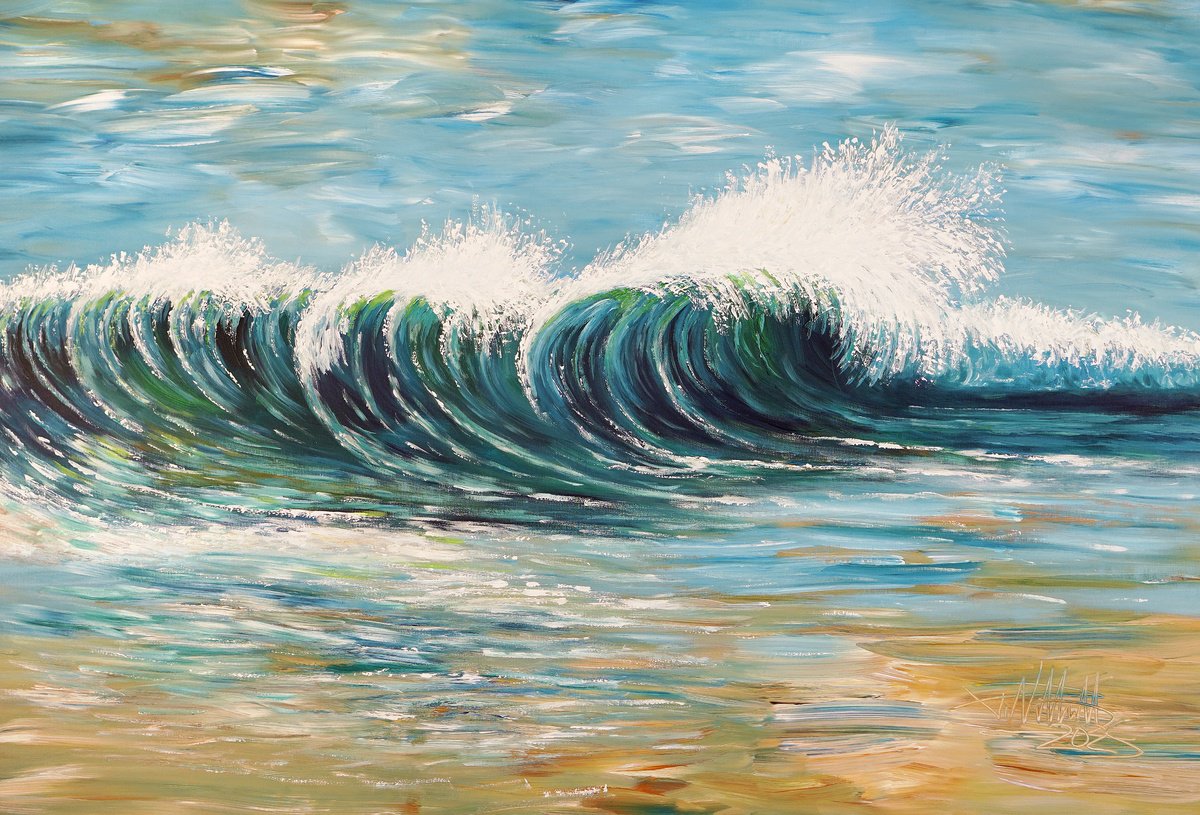 Expressive Landscape Acrylic Painting By Peter Nottrott, 61 X 41", Seascape Breaking Waves D 6, Original Artwork