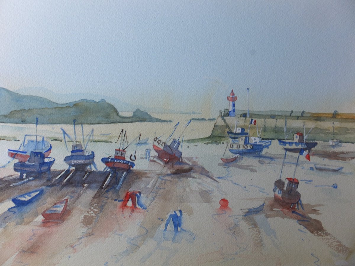 Photorealistic Landscape Watercolour By David Harmer, 19 X 15, Fishing Harbour In Brittany, Original Artwork