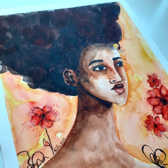 'True Abundance' Original Black Art Portrait Painting approx. 9" x 12" | Unframed