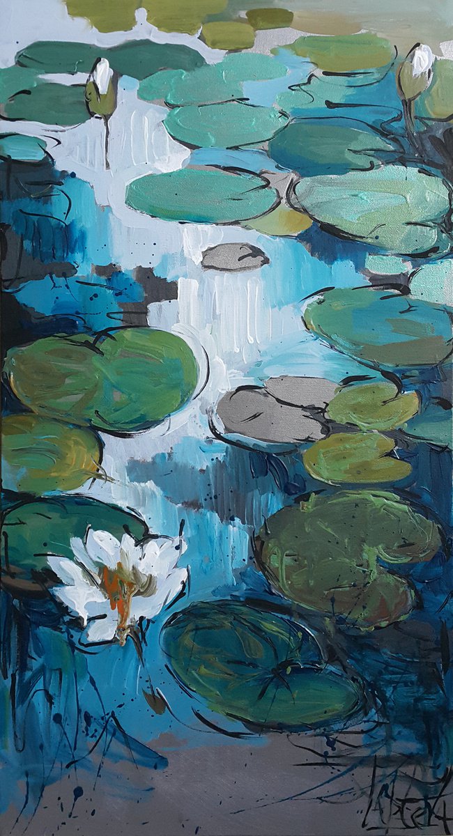 Impressionistic Botanical Oil Painting By Viktoria Lapteva, 16 X 31", Summer Freshness , Nympheas, Original Artwork