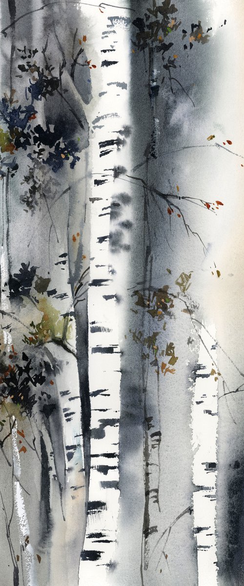 Birch Forest Landscape Nature Watercolor Painting, Trees Painting by Sophie Rodionov