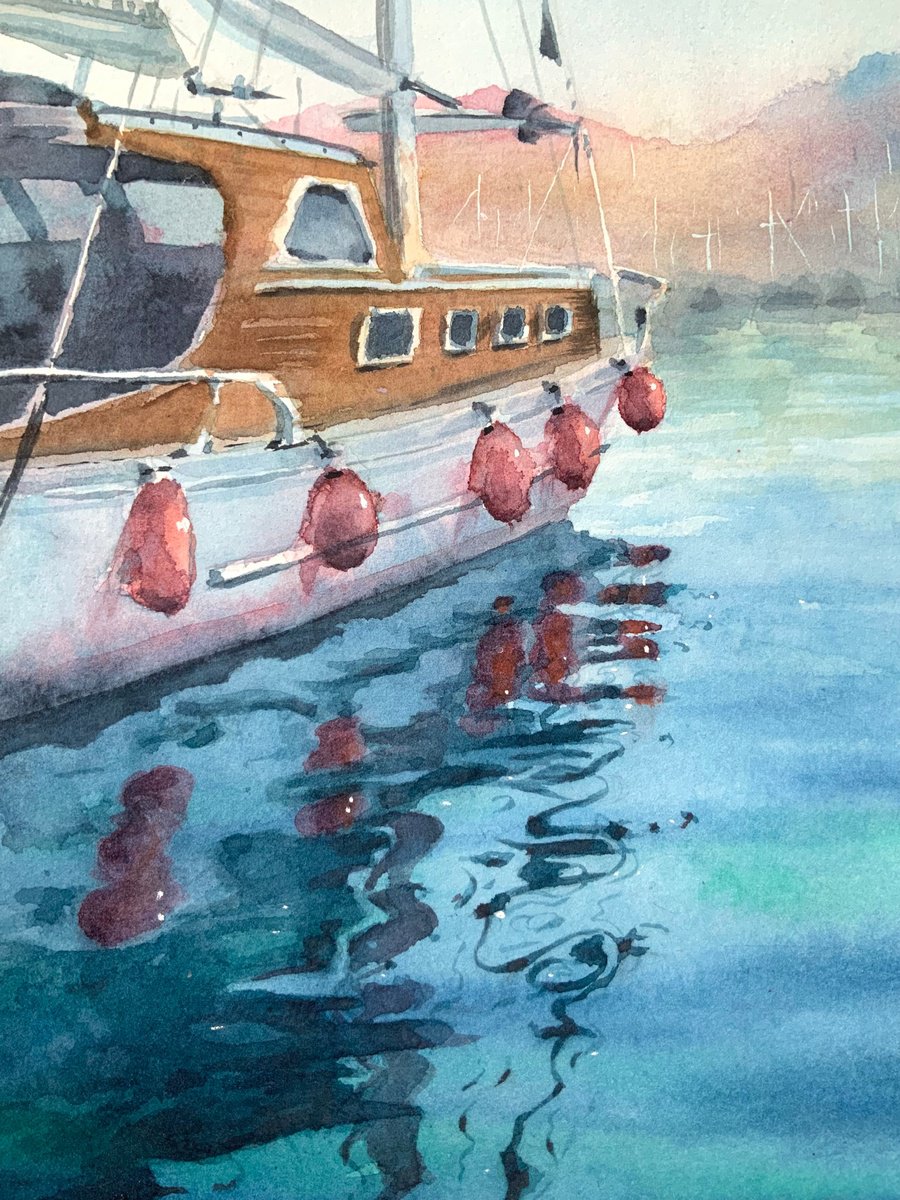 Impressionistic Transport Watercolour By Alena Post, 8 X 12, Sailboat In Evening Light, Original Artwork
