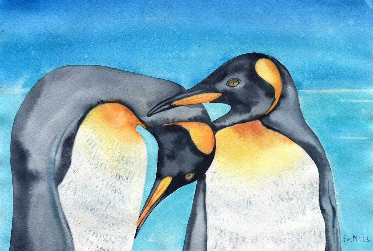 A couple of penguins. Birds of Antarctica. Original watercolor. by Evgeniya Mokeeva