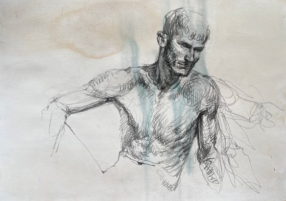 Pencil sketch portrays a male figure