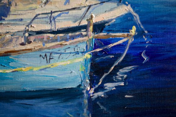 Marseille. Original oil painting. Small size france harbor sea blue seascape boats yacht nature travel summer reflection trip decor impressionism impressionistic detail city provence