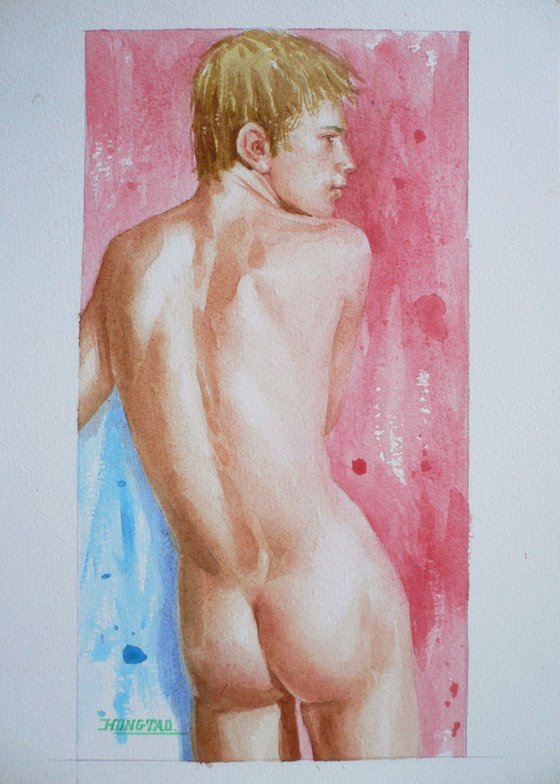 original watercolour painting  male  nude boy on paper#16-11-6