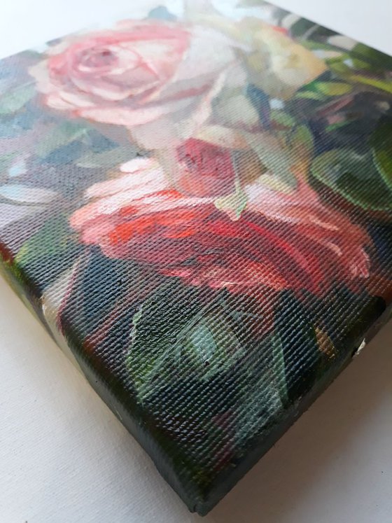 Roses flowers garden, floral oil painting on canvas