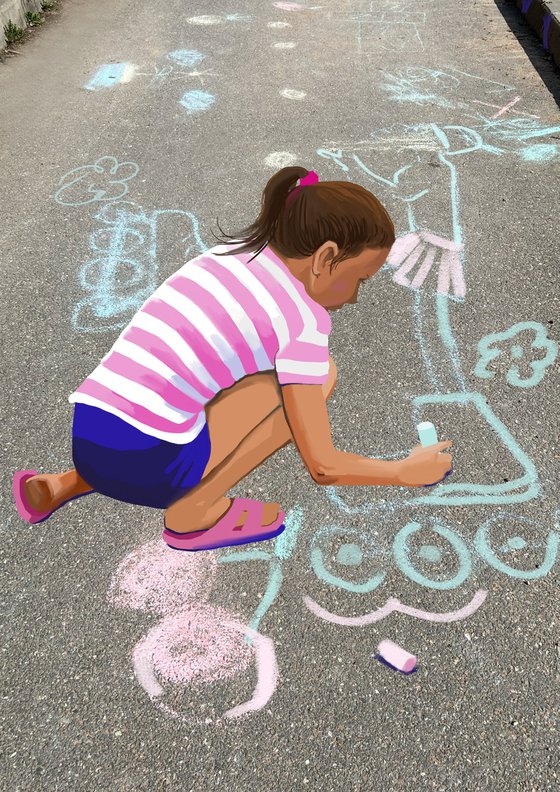 Girl with crayons. Childhood.