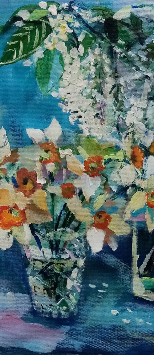 Daffodils and bird cherry by Oxana Raduga