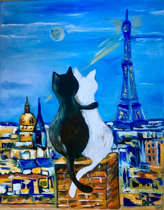 Cats in Paris. Travel to Paris, Parisian roofs , romantic evening.