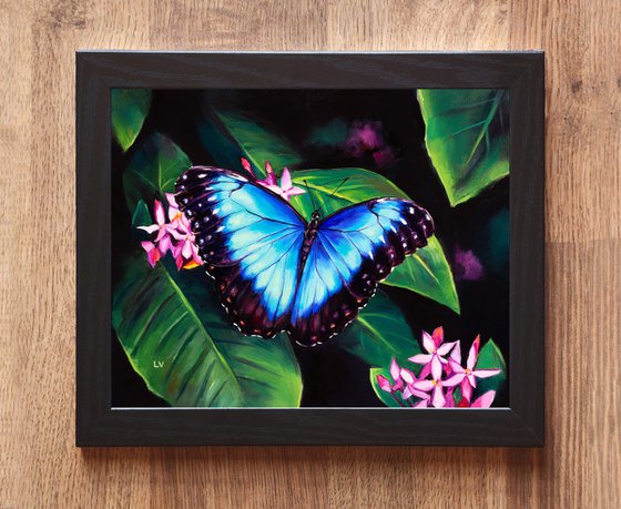 Blue butterfly and pink flowers