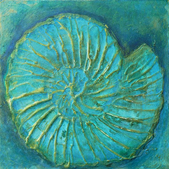 Fossil #1 (ammonite textured painting with gold highlights ) Framed ready to hang original