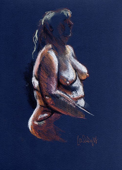 Female nude - seated - blue background by Louise Diggle