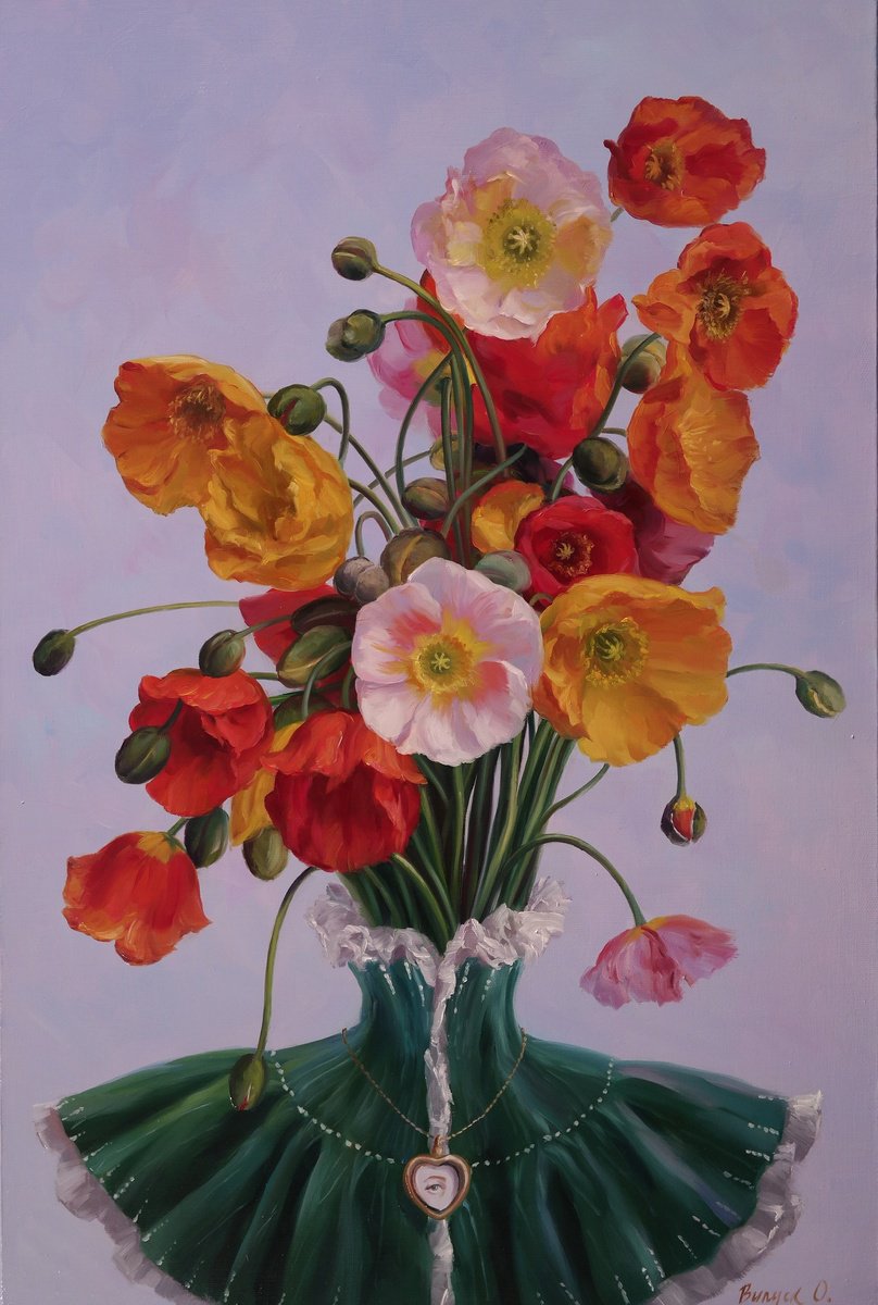 Surrealistic Oil Painting , A Heart Blooming With Poppies By Lena Vylusk, 16 X 24, Artwork For Sale On Artfinder