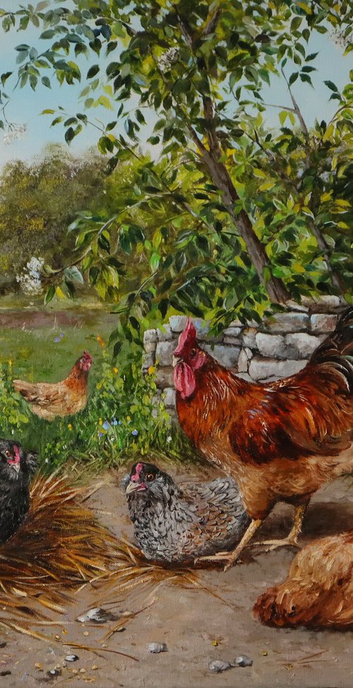 Chickens in the Backyard, Realistic Animals, Farm Life, Nostalgic by Natalia Shaykina