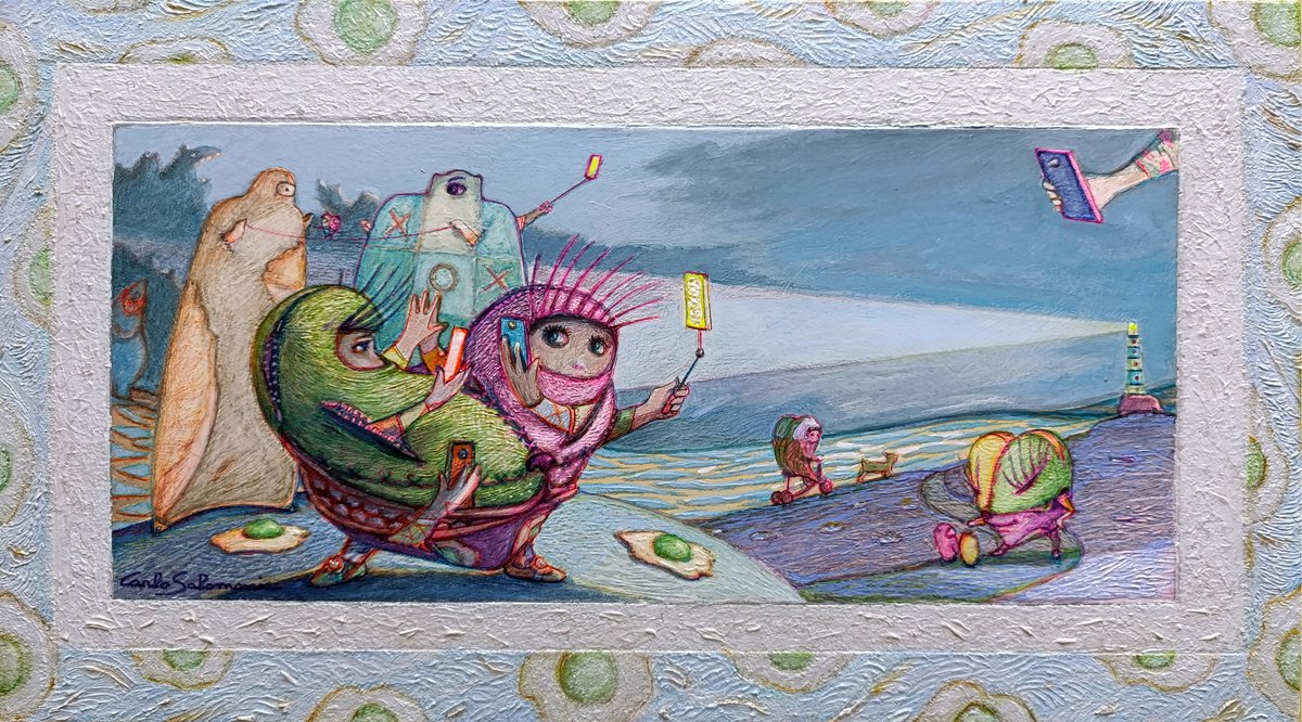 Illustrative Portrait Painting By Carlo Salomoni, 22 X 12, The Light Of Selfies, Original Artwork