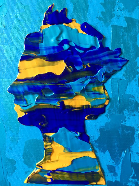 Queen #28 on turquoise metallic background YELLOW ULTRAMARINE inspired by Queen Elizabeth II