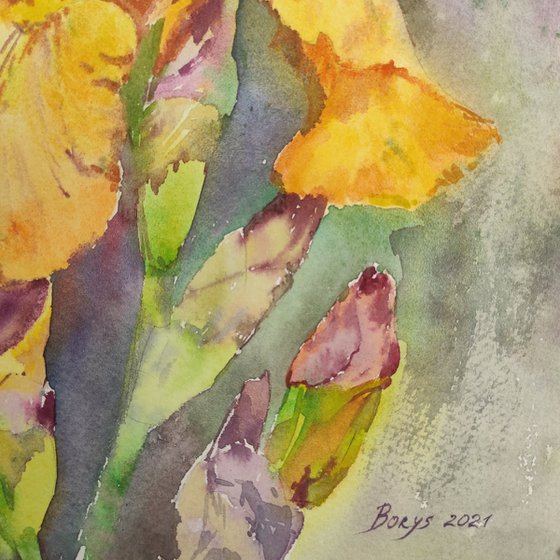 Yellow iris - Painting, original aertwork