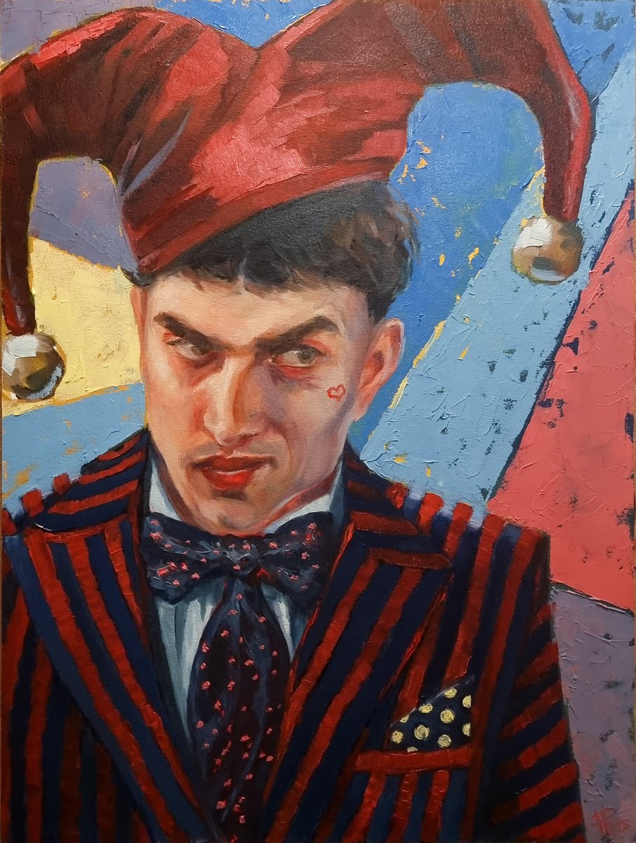 Expressive Portrait Oil Painting By Artmoods Tp, 13 X 17, Jester, Original Artwork