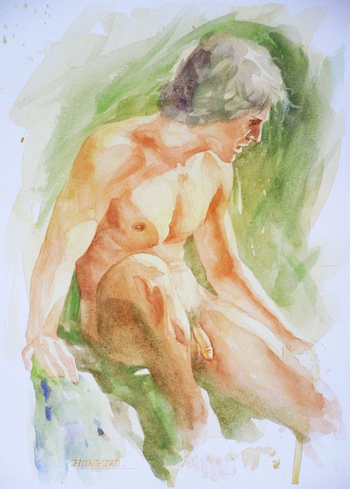 watercolour painting  male nude #16-5-2 by Hongtao Huang