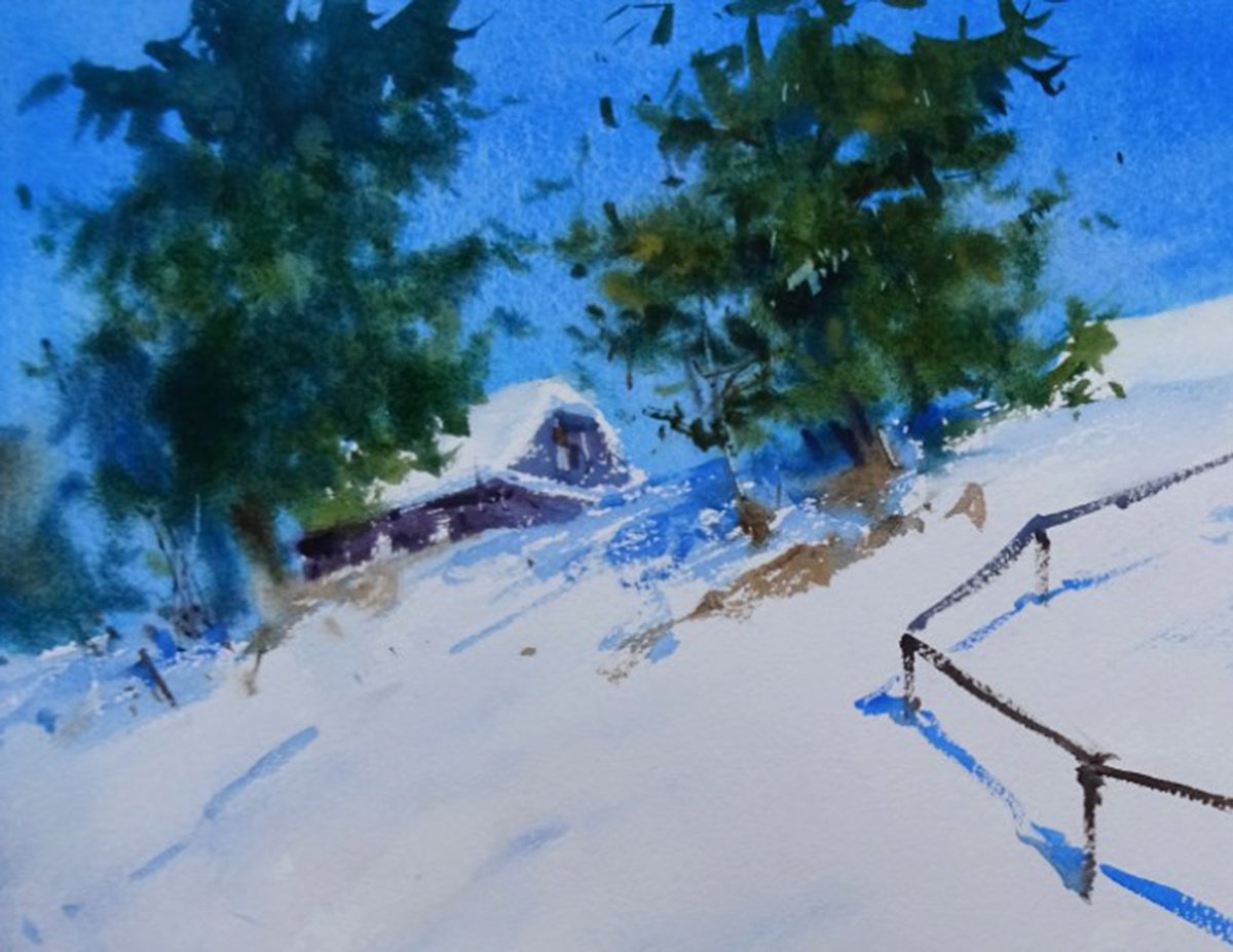 Impressionistic Landscape Watercolour By Maksym Kisilov, 16 X 11", "Sunny Hill", Original Artwork