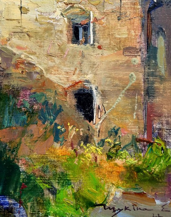 Ancient House . Streets of european old city Bardejov . Slovakia . Original plain air oil painting