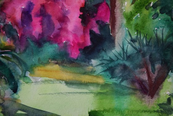 Spanish watercolor painting Tropical blossoming forest on Canary Islands