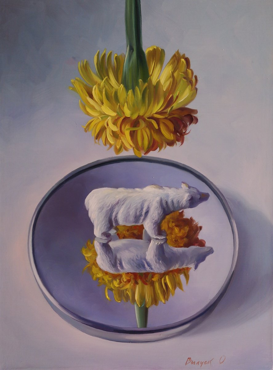 Surrealistic Still Life Oil Painting By Lena Vylusk, 12 X 16", "Polar Chrysanthemum", Original Artwork