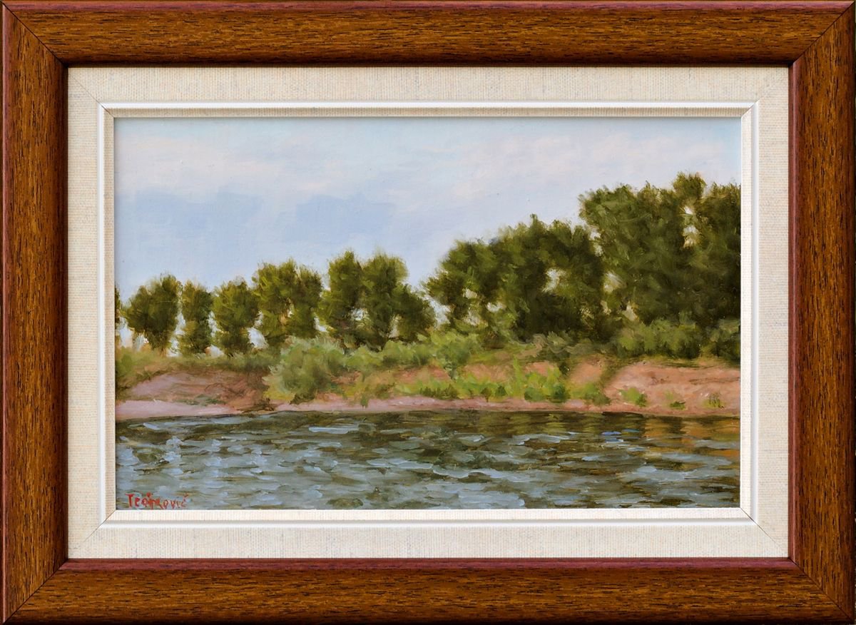Impressionistic Landscape Oil Painting By Dejan Trajkovic, 12 X 9, Poplars On The Coast, Original Artwork