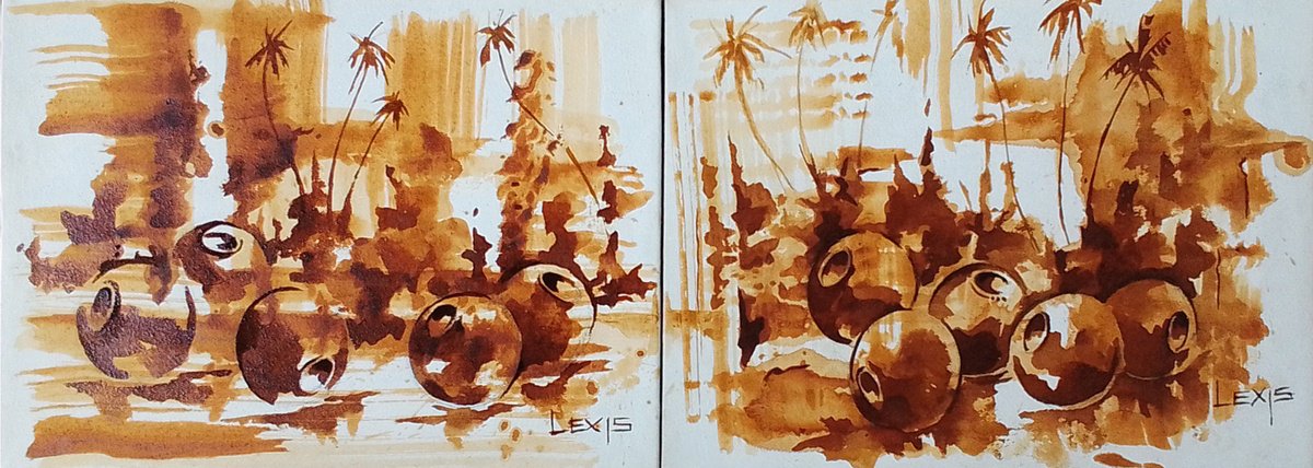 Expressive Painting , Pots At The Coast By Alex Mensah, 20 X 7, Artwork For Sale On Artfinder