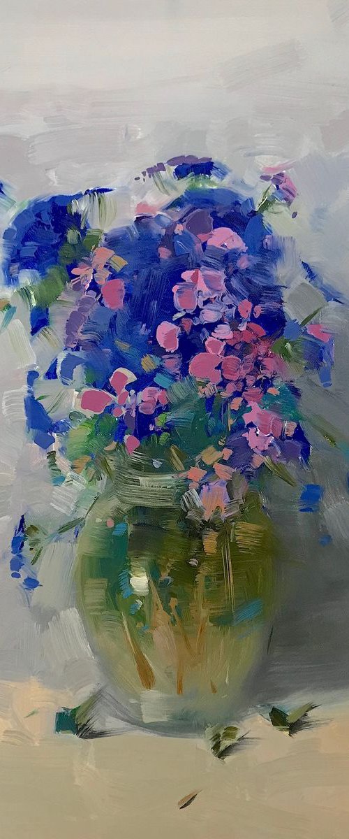 Blue Flowers, Oil painting, One of a kind, Handmade artwork by Vahe Yeremyan