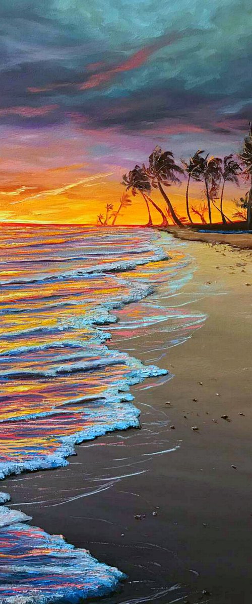 Sunset, beach , palms by Elena Adele Dmitrenko