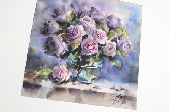 Lilac roses in glass, Novalis variety