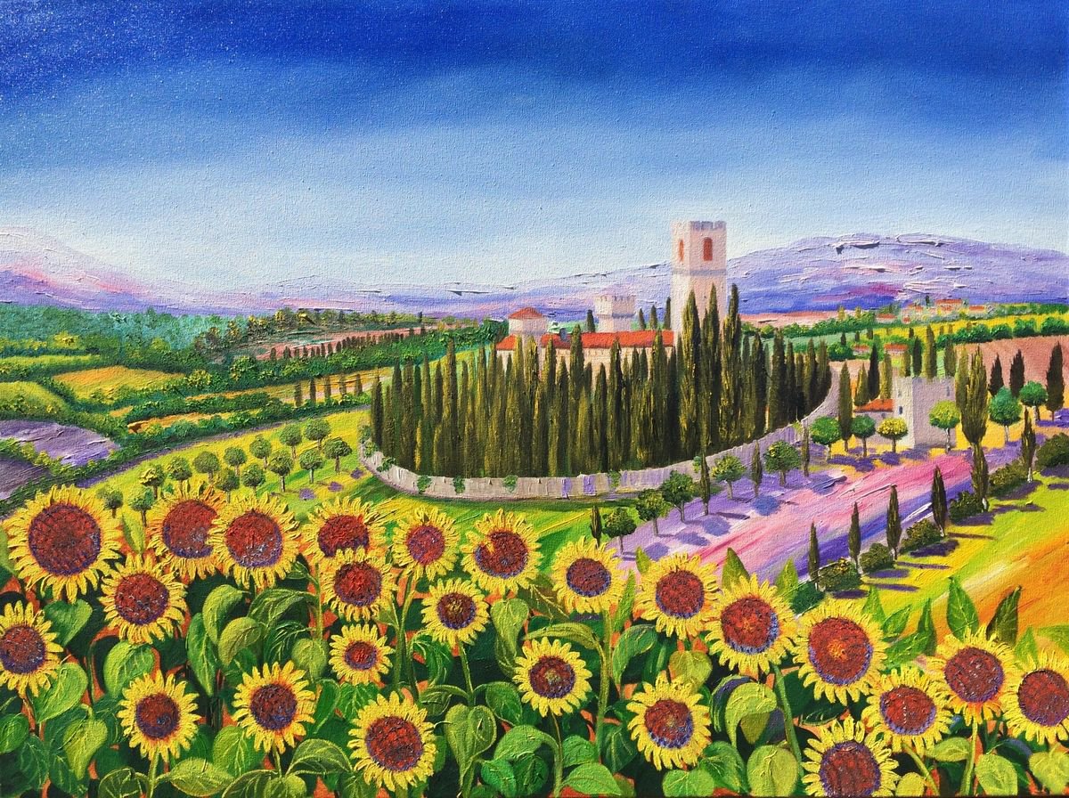 Impressionistic Landscape Oil Painting By Inna Montano, 40 X 30, Tuscany Sunflowers Landscape, Original Artwork