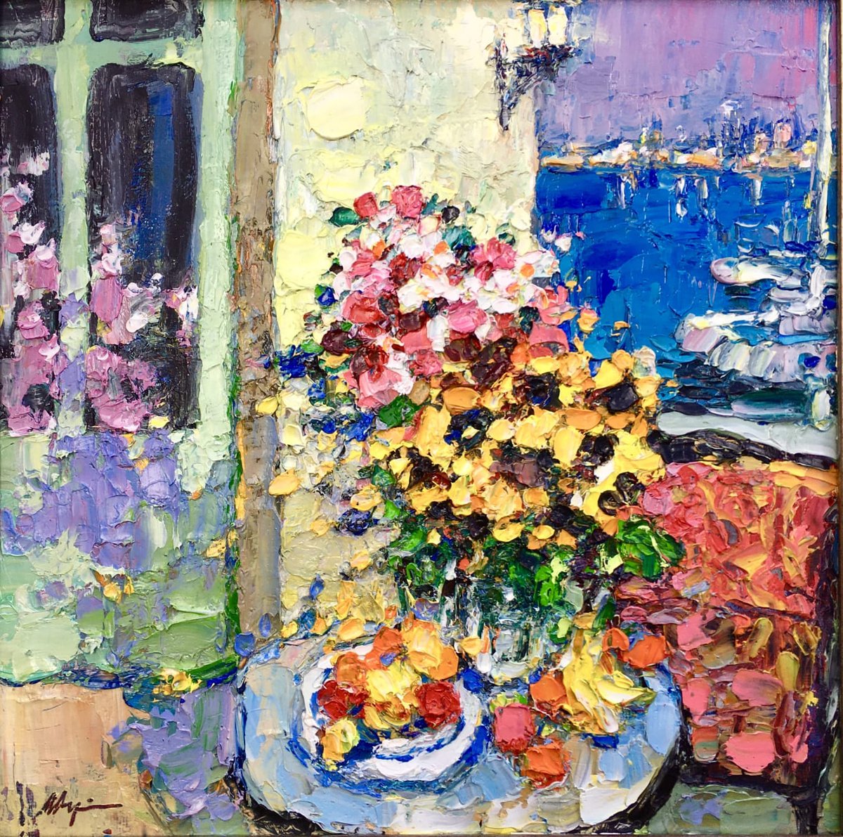 Impressionistic Landscape Oil Painting By Dong Lin Zhang, 12 X 12, On The Balcony, Original Artwork