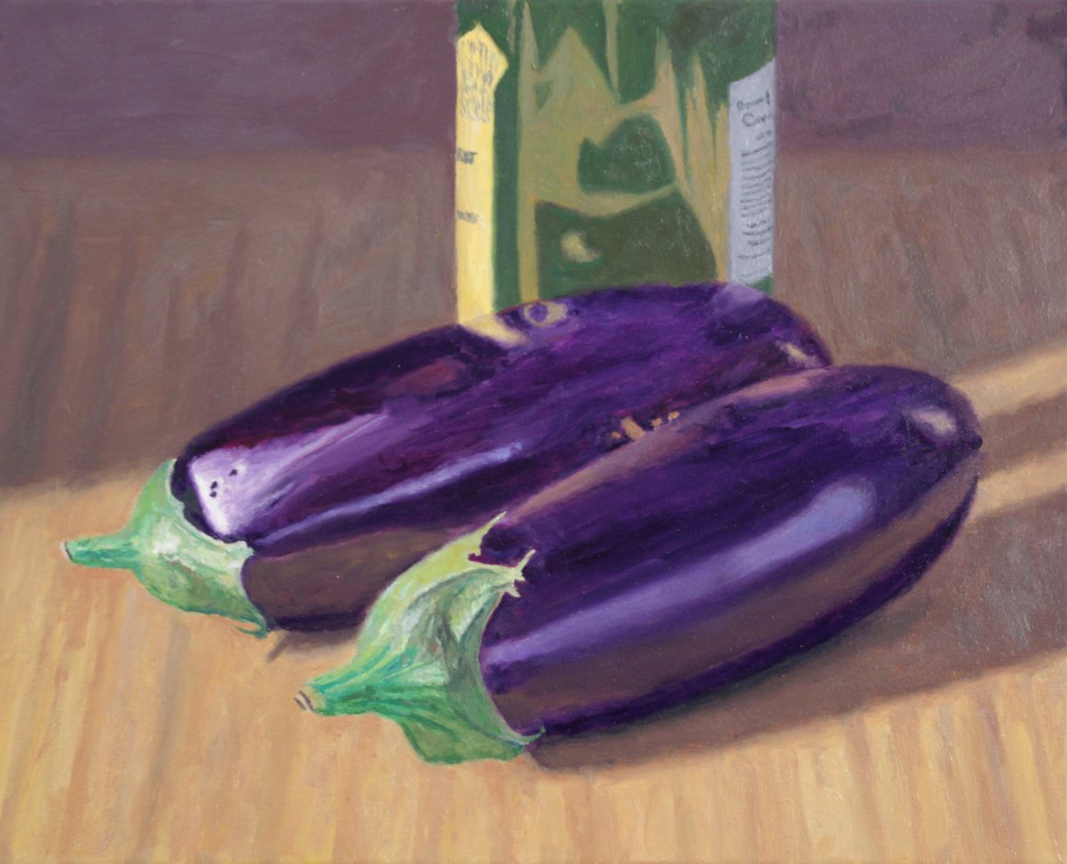 Photorealistic Still Life Oil Painting By Douglas Newton, 20 X 16, Eggplant And Wine Bottle, Original Artwork