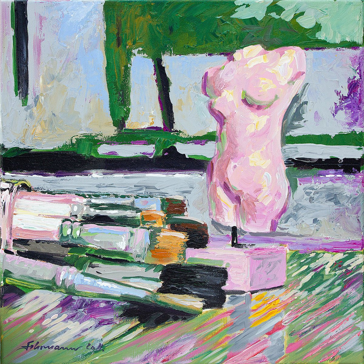 Impressionistic Still Life Acrylic Painting By Uwe Fehrmann, 16 X 16", Still Life With Brushes, Original Artwork