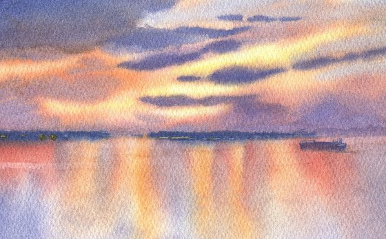 Ukrainian watercolor. Sunset on the sea
