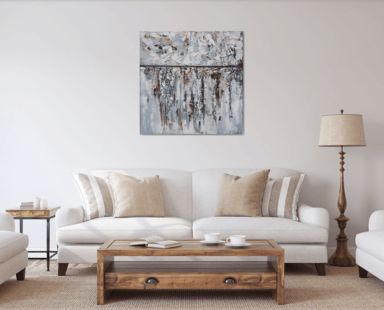 "Snow" white textured abstract Painting - 90 x 90 cm - Original oil painting