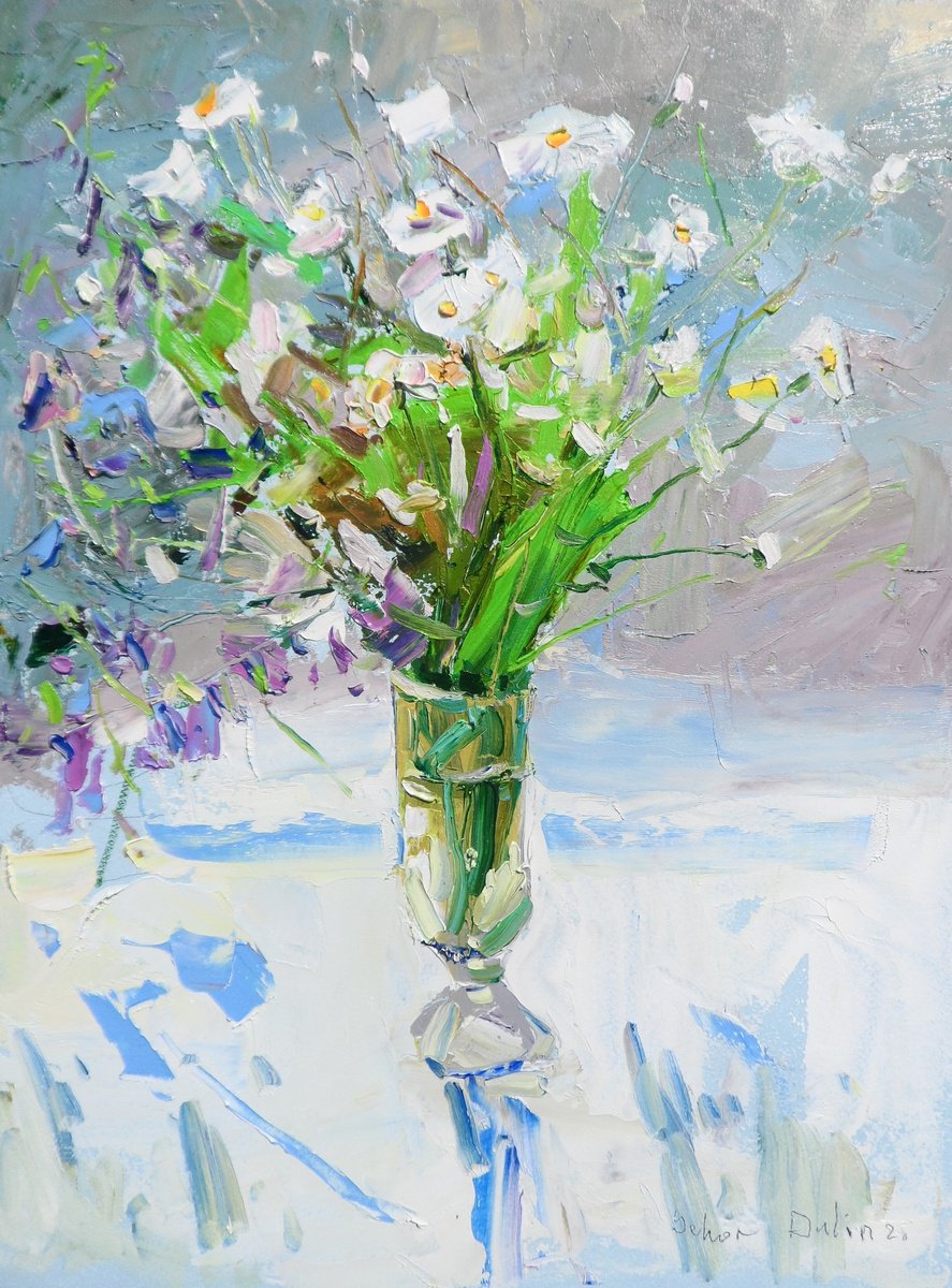 Impressionistic Botanical Oil Painting By Yehor Dulin, 12 X 16", " Still Life Of Wildflowers ", Original Artwork