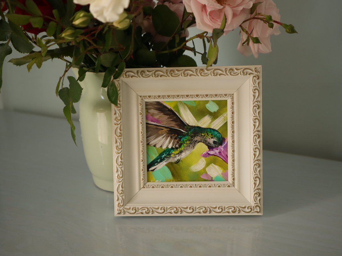 Hummingbird ART Oil PAINTING ORIGINAL framed 4x4, Hummingbird and Flower, Backyard Birds by Natalia Shaykina