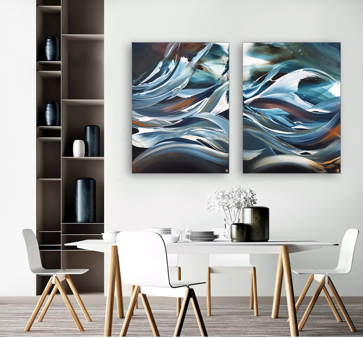 Abstract Acrylic Painting By Novi Lim, 62 X 40", Deeper Water Diptych, Original Artwork