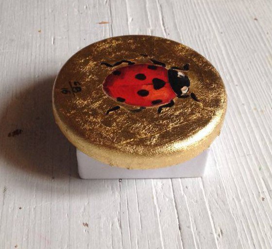 My Tiny Golden Ladybug Oil Painting on Round Lacquered Golden Leaf Canvas Frame