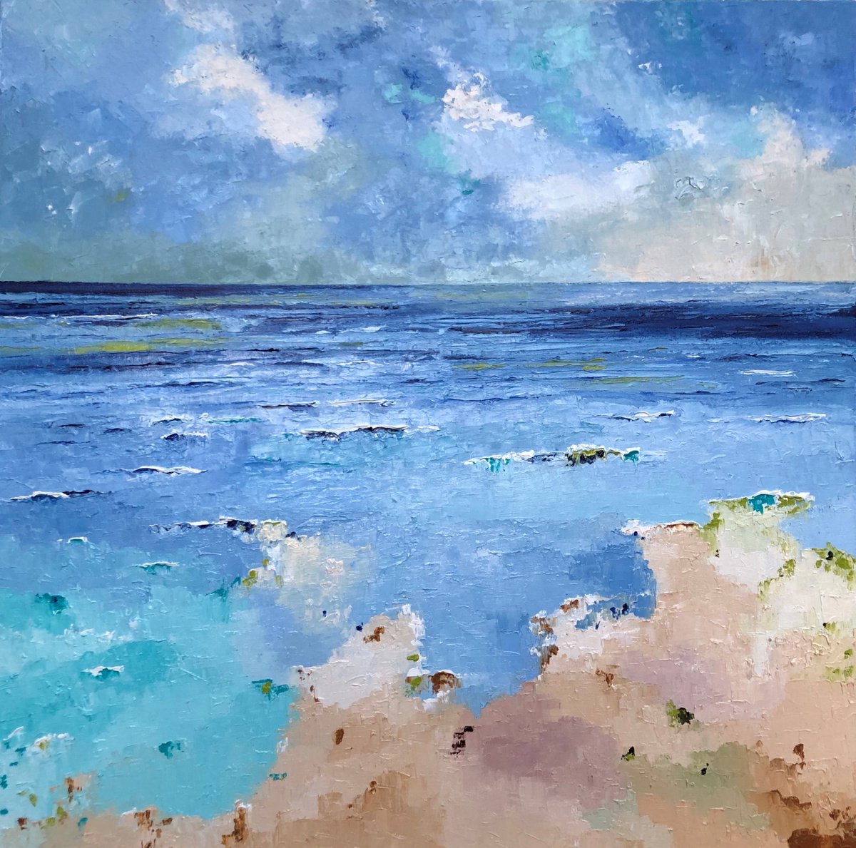 Expressive Oil Painting , Scudding Clouds Reflected By Ann Palmer, 40 X 40, Artwork For Sale On Artfinder
